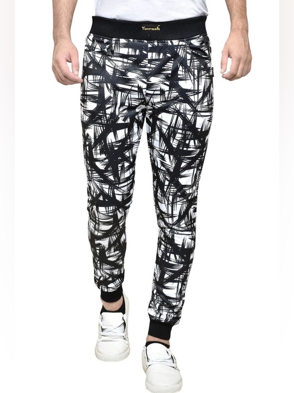 Yuvraah Men's Medium Black and White Polyester Printed Track Pant